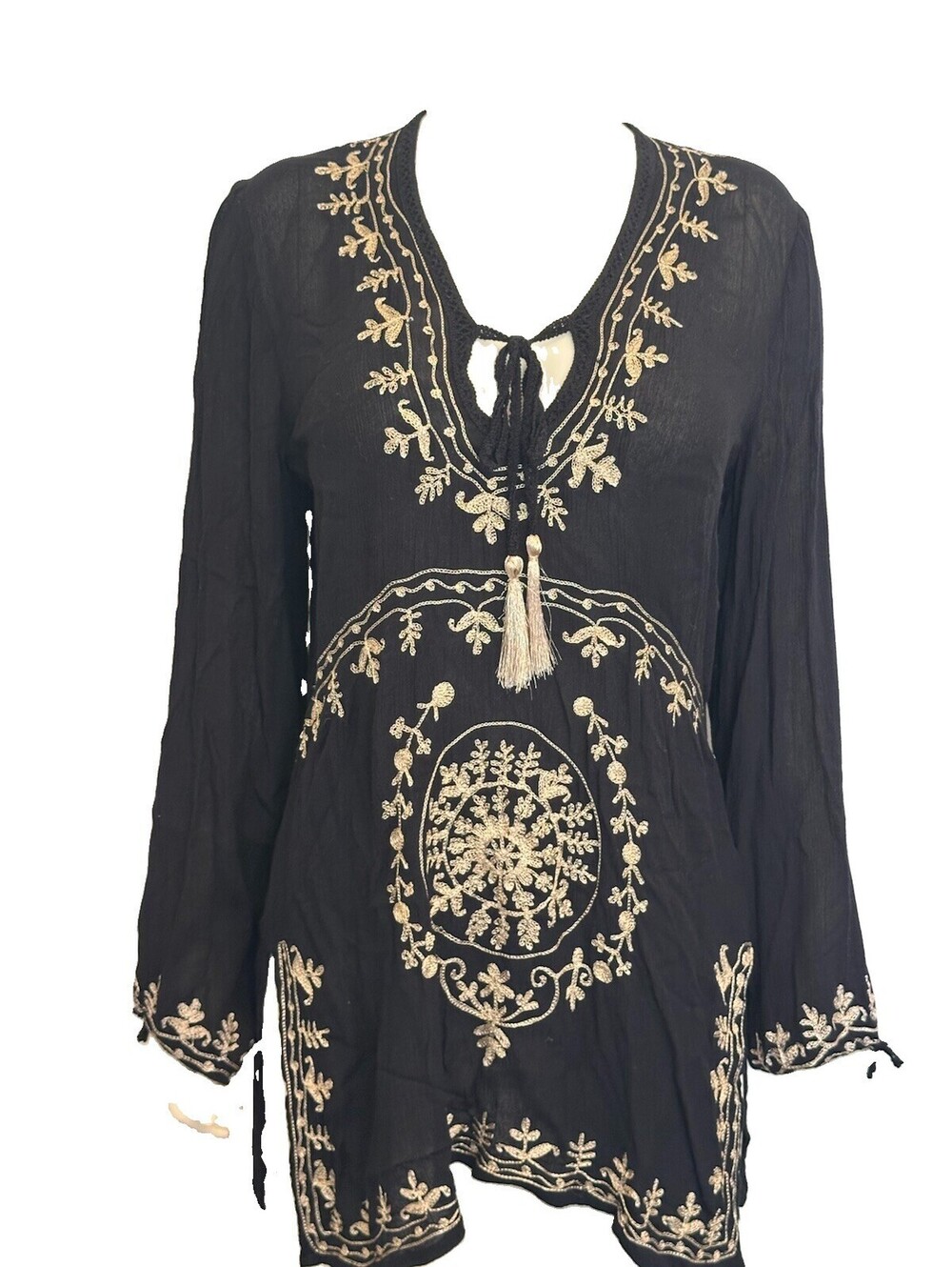 Rise and Bloom Black & Gold Embroidered V Neck, Long Sleeve Tunic Small
